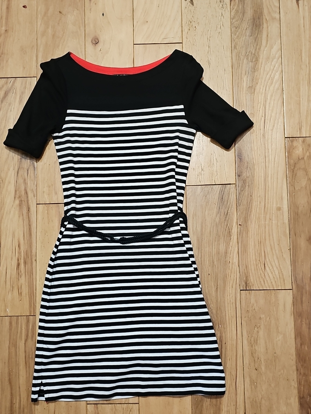 Ralph Lauren Black & White Striped Midi Dress with Red Neckline